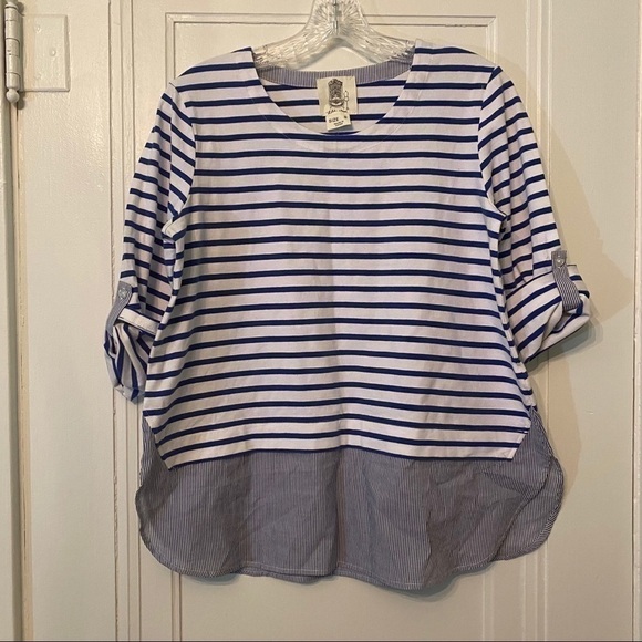 Lili’s Closet Gabbi Blue White Striped Top Layered Hem 3/4 Sleeve Size Small - Picture 4 of 7